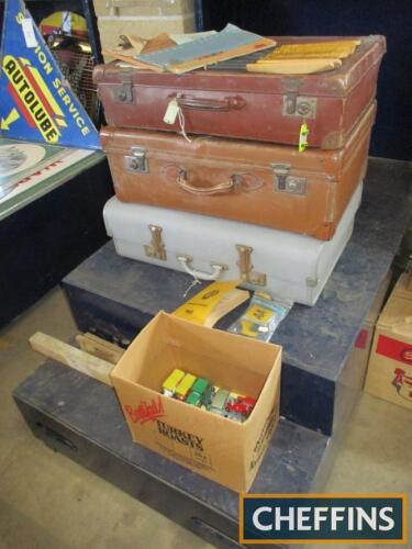 Vintage suitcases (3) and contents of model cars, literature, AA badges and souvenir miniature cricket bats