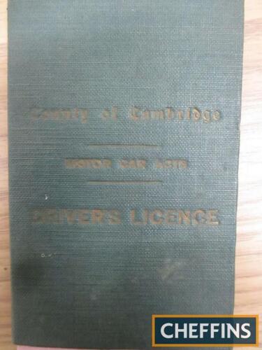 County of Cambridge driving license covering period 1915-1931 in yearly pages for Theodora Bushe-Fox of Madingley Road, together with historic car coin collection