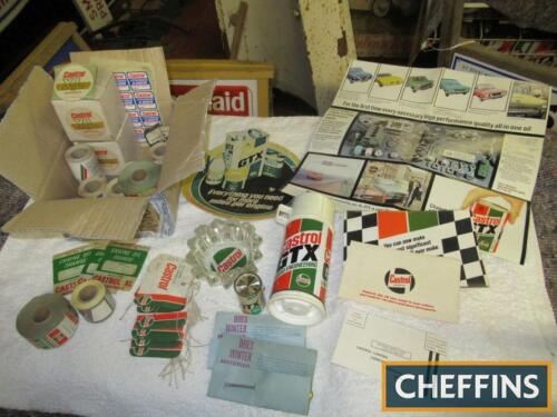 Castrol, a fine collection of garage ephemera, including flask, reels of various stickers, ashtray, clock, labels, handouts etc.