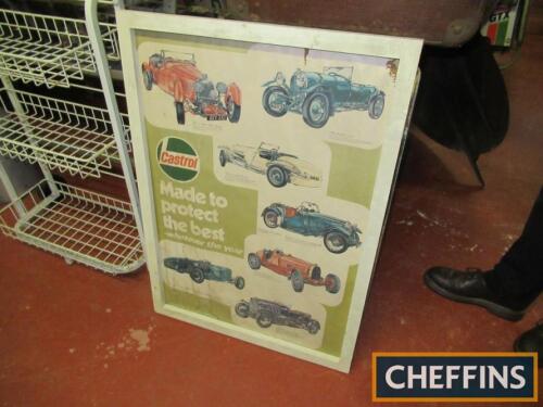Castrol, a framed advert featuring vintage sports cars, 35x25ins