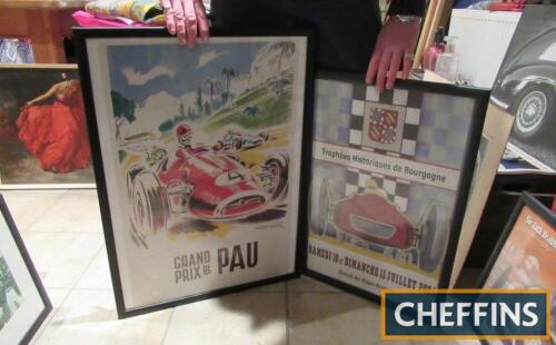 Grand Prix de Pau and Circuit de Dijon Prenois, 2no. framed and glazed reproduction posters, 29x21ins and 25x17ins