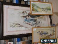 `Gamy` large framed and glazed print of a 1913 car racing scene 50x29ins, together with 2 others