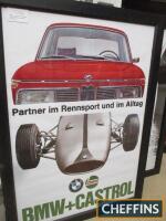 BMW & Castrol framed and glazed posters, 36x26ins