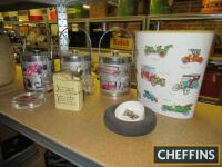 Vintage car themed waste bin, ice bucket, ashtray and tot dispenser in form of 2gallon can, together with paperweight