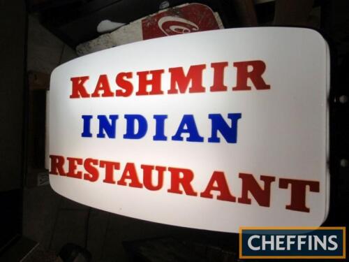 Kashmir Indian Restaurant, a double-sided illuminating wall mounting sign, 37x21ins