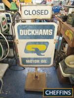 Duckhams Q Motor Oil, a forecourt open/closed double-sided printed tin sign on stand