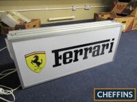 Ferrari, double-sided hanging illuminated sign, original casing, recreated panels for Colonel Ronnie Hoare stand Goodwood Revival, 32x14ins