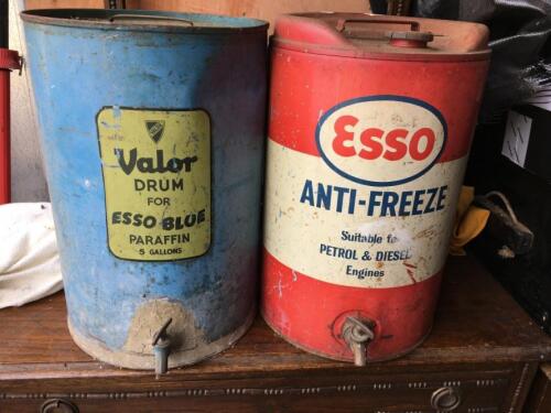 5gallon valor Esso Blue can, together with 5gallon Esso anti-freeze can, both with taps and in good condition