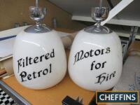 Filtered Petrol, Motors For Hire, two hanging original opaline tulip pendant lamps with chrome fittings, recreated decals, 31ins tall