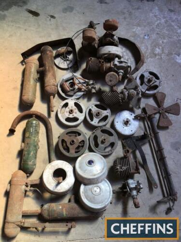 Large box of early Atco and Villiers engine parts, to include carburettors, air filters, flywheels and covers, magneto parts and engines, a car boot full