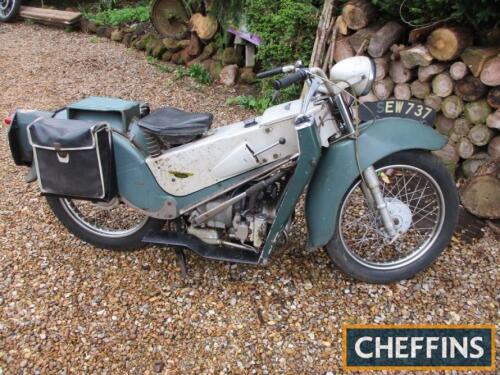 1957 200cc Velocette LE MOTORCYCLE Reg. No. SEW 737 Frame No. 25016 Engine No. 200/26518 This Huntingdonshire registered LE is in remarkably original order down to the early panniers and still bears the original 'Hallens of Cambridge and St Ives' dealers