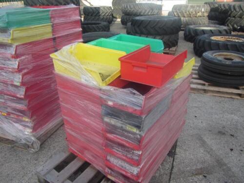 Qty plastic storage bins, a pallet