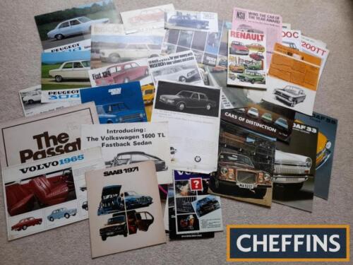 Qty of European car brochures: Peugeot, Volvo, DAF, Saab, Simca, Renault, Fiat, BMW, NSU, Opel, VW etc. (60s, 70s and 80s)