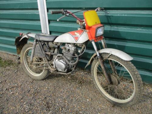 1975 122cc Honda TL125 Trail MOTORCYCLE Reg. No. LBM 865P Frame No. TL125 1210373 Engine No. TL125-E-1210429 In the current ownership since 1995 and requiring some light restoration. The engine turns freely and shows evidence of good compression, the bike