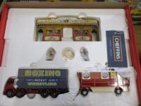 Corgi classic Mickey Kieley boxing set, featuring Foden FG pole truck and caravan/cold cast boxing pavilion fascia with boxing ring and 2no. white metal figures