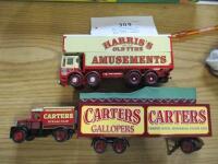 Harris Amusements AEC box lorry 8-wheeler (not boxed), together with Carters Scammell with drawbar trailer galloper load (not boxed)