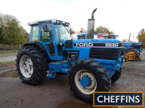 1991 FORD 8830 Powershift 6cylinder diesel TRACTOR Fitted with under belly mounted front weights, rear wheel weights, air and hydraulic trailer brakes, 4no. spool valves and PUH on 20.8x38 rear and 16.9x28 front wheels and tyres. Showing 7,814 hours.