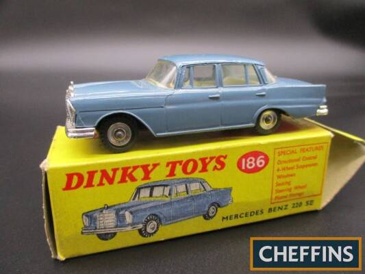 Dinky No. 186 Mercedes-Benz 220SE, blue-grey with white interior, slight mark to front, box stained