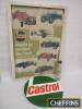 Castrol, a NOS printed tin sign (17 3/4in diameter) oil bottle and framed poster depicting sports cars, 1912-1934 (25 x 35ins)