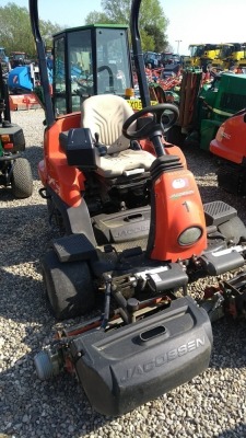 2011 JACOBSEN ECLIPSE 322 GREENS MOWER 13 HP 2 CYLINDER DIESEL ENGINE HYBRID TRANSMISSION, 48V AC TRACTION DRIVE, JOY STICK LIFT AND LOWER OF UNITS WITH INDIVIDUAL LOCK OUT, SWING OUT REAR CUTTING UNIT, 11-KNIFE CUTTING UNITS, SMOOTH FRONT ROLLERS