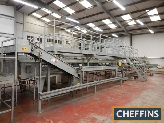 Sammo electronic weighing sorting line with 7no. exits and 4no. lines with overhead gantry and steps Location: Near Taunton