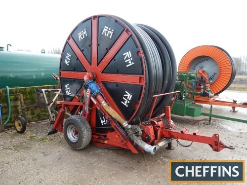 1996 RM Super Rain 110/500 trailed single axle irrigation reel with rain gun and trolley Serial No. 80086