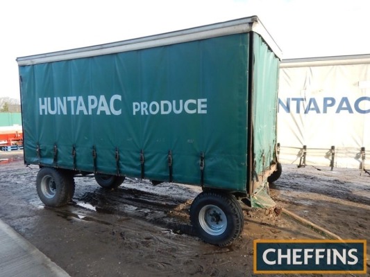 4wheel turntable curtainside trailer, 18ft 4ins long x 7ft 6ins wide (10 pallets) on 16.0/70-20 rear and 12.5/80-18 front wheels and tyres