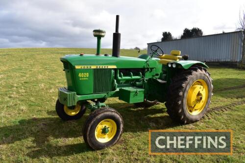 1969 JOHN DEERE 4020 diesel TRACTOR Reg. No. UJB 597G Serial No. SNT213P145000R Fitted with front and rear wheel weights, rear linkage and drawbar on 16.9R34 rear wheels and tyres