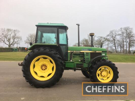 1985 JOHN DEERE 3640 6cylinder diesel TRACTOR Reg. No. C193 UJL Serial No. 552283 Fitted with 2no. spools and 16x8 gearbox on 18.4R38 rear and 14/9R24 front wheels and tyres. Only two owners from new