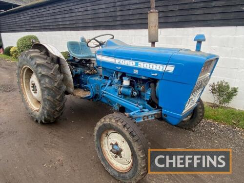 1969 FORD 3000 3cylinder diesel TRACTOR Reg. No. PCF 764H Serial No. 870745 Reported by the vendor to be a totally genuine example that starts, runs and works well. Fitted with lights, drawbar, toplink, 9hole drawbar and good tyres all round. Showing 3,71