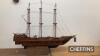 Wood 3 mast Galleon, a large ballasted model requiring small repairs, 64ins long, 52ins tall