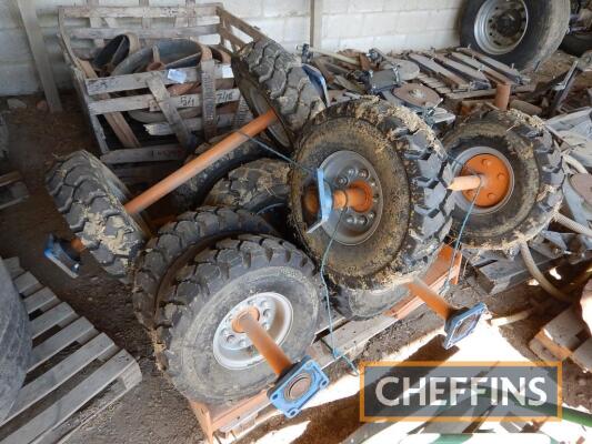 6no. farm-made axles with bearings, wheels and tyres