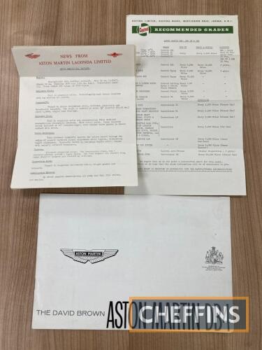 Aston Martin DB4 10pp brochure, together with 4-page typed specification on headed paper and a Castrol sheet of recommended grades