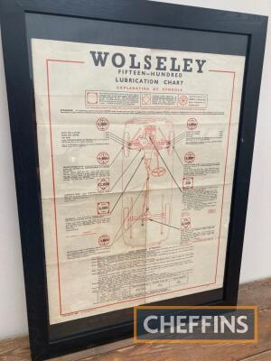Wolseley Fifteen-Hundred, a framed and glazed lubrication chart, 21inx x 29ins