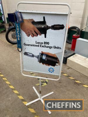 Lucas B90/Motostock printed tin forecourt sign, together with fan belt