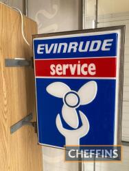 Evinrude Service, a double-sided, illuminating wall-mount sign with the spanner and prop' emblem, purchased by the current owner from the South of France in the 80s, Made in Padua, Italy, an unccomon find, 29 x 28ins overall