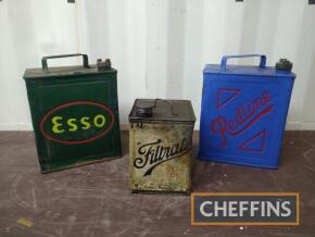 Two 2gallon petrol cans, Redline and Esso, together with Filtrate gear Oil can (3)