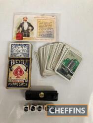 Shell Motor Spirit postcard, Castrol dice and transport playing cards (4)