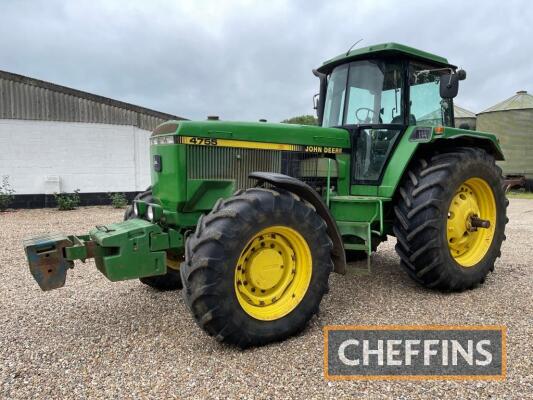 1993 JOHN DEERE 4755 6cylinder diesel TRACTOR Reg. No. K506 TPV Serial No. 010860 Fitted with front weights (not Ford weights), rear linkage, drawbar and toplink. A one owner tractor from new and consigned straight from farm. Supplied by L.E Tuckwell, Woo