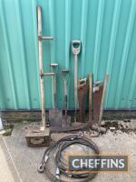 Qty agricultural hand tools, wire hausers (3), ammunition box etc. (13)