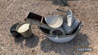 Large qty rural bygones, to include poultry water bucket incubation/chick heater, feeder, scoop/scales scoop, potato basket, heater by T. H. P. Dennis, Chelsmford, copper scoop and copper heated by water serving dish, Edwardian