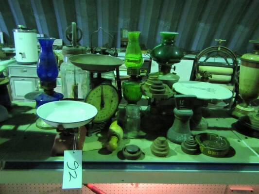 Oil lamps, hurricane lamp, various kitchen scales etc