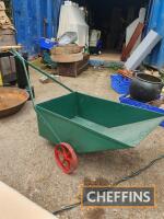 Vintage steel yard barrow on iron wheels, together with Villiers 703C mower engine