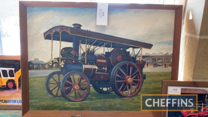 Framed oil on canvas (3ft x 2ft) of Garrett Showmans engine `Lord George`, pictured at Dedren Airfield in Essex, c.1950-60s, signed C. S. Lunt