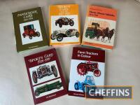 Collection of books detailing farm tractors, horse-drawn vehicles, sports cars and passenger cars (5)