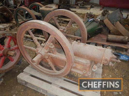 International horizontal open crank low tension ignition stationary engine with twin flywheels