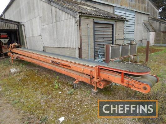 Downs Spacemaker piggyback flat belt conveyor, 60ft, one electric motor not working, 3phase Serial No. 9675