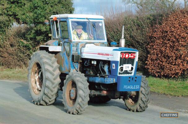 1976 ROADLESS 105 6cylinder TRACTOR Reg. No. ODO 667R Serial No. B968425 Fitted with Duncan cab, Dual Power, diff lock and drawbar modification. The vendor states that it is a working tractor and a good starter, having had a recent engine overhaul (not th