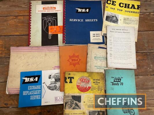 BSA, qty motorcycle manuals, service sheets etc, to include Dandy 708, Sunbeam etc.