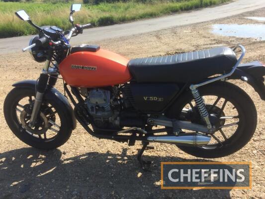 1980 493cc Moto Guzzi V50 MkII Reg JWA 957W Frame no PB15539 Engine no 16126 A running and riding example and showing just 28,032 miles. The vendor informs us that the V50 has had new tyres and battery fitted and that the brakes have been overhauled. The